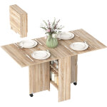 Table pliante roulante avec 2 plateaux rabattables et 2 �tag�res, dimensions 140x80x74 cm, finition naturelle ...