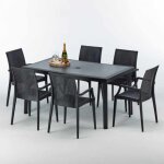 Table rectangulaire et 6 chaises grand soleil bistrot arm anthracite - 150x90cm - poly rotin - noir