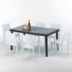 Table rectangulaire et 6 chaises poly rotin color�es 150x90cm noir enjoy