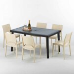 Table rectangulaire et 6 chaises poly rotin color�es 150x90cm noir enjoy