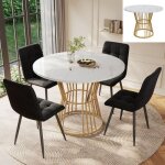 Table ronde - 100 cm - mdf blanc effet marbre - pieds m�tal dor� - pour 4 � 6 personnes