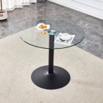 Table ronde 85x76 cm en verre tremp� transparent avec pi�tement en m�tal noir, design sobre pour salon ...