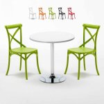 Table ronde blanche 70x70cm avec 2 chaises colores intrieur bar caf vintage long island - vert