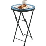 Table ronde pliable pour terrasse avec plateau en c�ramique � motif mosa�que bleu et cadre m�tallique ...