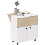 Table roulante pliante avec rangement blanc et bois naturel