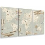Tableau triptyque enfant carte du monde avions et montgolfires - 90x60 cm