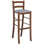 Okaffarefatto - tabouret en bois de noyer fonc avec dossier h 80 cm, assise simili cuir gris tourterelle ...