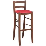 Okaffarefatto - tabouret en bois de noyer fonc avec dossier h 80 cm, assise simili cuir rouge