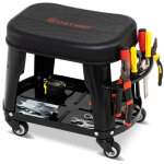 Tabouret � roulettes 44 x 27 x 35 cm avec rangement ing�nieux ergonomique moderne en m�tal noir