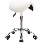 Tabouret selle de cheval r�glable en hauteur 45 - 61 cm ? cuir pu blanc ? 5 roulettes pivotantes ? capacit� ...