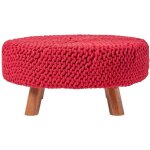 Homescapes - tabouret tricot pieds en bois 62 x 62 x 30 cm rouge