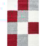 Tapis shaggy poils longs motifs carreaux (gris / blanc / rouge - 60x110cm)