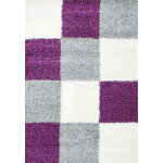 Tapis shaggy poils longs motifs carreaux (gris / blanc / violet - 60x110cm)