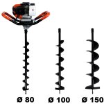 Tarière thermique 52 cm3, 3 cv + lot de 3 mèches (80, 100 et 150 mm) Tarière thermique 52 cm3, 3 cv + lot de 3 mèches (80, 100 et 150 mm)