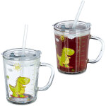 Tasse enfant, lot de 2, motif dinosaure, verre avec poigne, couvercle et paille, chelle 400 ml, transparent ...