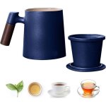 Tasse th� c�ramique 400 ml, poign�e bois, couvercle, anti - br�lure