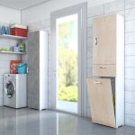 Terraneo - armoire polyvalente avec panier � linge blanc avec porte en ch�ne