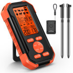 Thermometre alimentaire sans fil pour barbecue avec 2 sondes et alarme sonore grand ecran lcd retroeclaire, ...