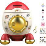 Tirelire fus�e astronaute pour billets et pi�ces, d�corative avec stickers, cl� pour ouvrir
