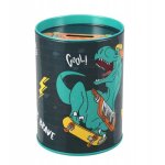 Tirelire ronde en métal pour garçon, motif dinosaure skate Tirelire ronde en métal pour garçon, motif dinosaure skate