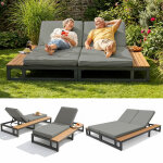 Transat de jardin double modulable, 2 places avec dossiers r�glables, tablettes lat�rales int�gr�es, ...