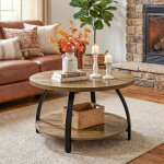 Tribesigns table basse ronde, table centrale en bois de 80 cm avec 2 �tag�res de rangement, petite table ...