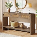 Tribesigns table console, 140 cm table d'entr�e, bout de canap�, avec 3 tiroirs en rotin et deux �tag�res ...