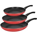 Trio de po�les cheffinger 20 / 24 / 28 cm ? rev�tement marbre, induction, poign�es soft?grip rouges