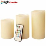 Trois bougies led sans flamme avec t�l�commande rvb v�ritable cire parfum� � la vanille
