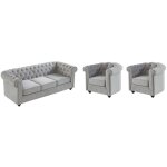 Vente - unique - canap� 3 places et 2 fauteuils chesterfield - velours gris clair