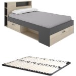 Vente - unique - lit avec t�te de lit rangements et tiroirs - 120 x 190cm - coloris : naturel et anthracite ...