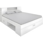Vente - unique - lit avec tête de lit rangements et tiroirs - 160 x 200cm - coloris : blanc - leandre ... Vente - unique - lit avec tête de lit rangements et tiroirs - 160 x 200cm - coloris : blanc - leandre ...