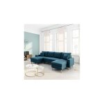 Usinestreet - canap d'angle panoramique maria scandinave convertible avec coffre en tissu - bleu ptrole ...