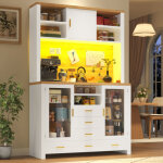 Vaisselier avec led, 6 tiroirs et portes, blanc et bois, 120x40x188 cm