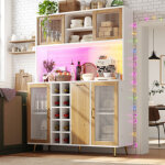 Vaisselier avec led, casier � vin, prise int�gr�e et 5 portes, blanc et bois, 120x40x170 cm