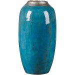 Vase d�co bleu brillant avec col en m�tal argent� � poser sur table ou buffet de tous les styles de d�coration ...