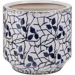Vase dcoratif  fleurs cache - pot en cramique blanc et bleu marine 15 cm de hauteur motif feuilles ...