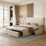 Vasien lit coffre 160x200 cm avec sommier led, lit 160x200 cm avec 4 tiroirs de rangement et tete de ...