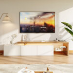 Vasien - meuble tv 200 cm blanc et bois ? �clairage led multicolore ? rangement avec �tag�res en verre ...