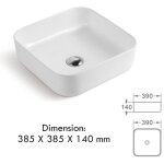 Vasque � poser en c�ramique lavabo per�age forme rectangle blanc avec bonde siphon 385x385x140mm