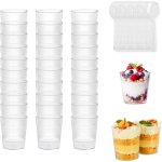 Verrines plastique r�utilisable, 50 pi�ces avec cuill�res, transparent, 55ml, id�al pour f�tes, mariages ...