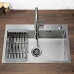 Vier cuisine 1 bac 68x45x19cm vier en acier inoxydable avec distributeur de savon et gouttoir panier, ...