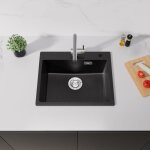 Vier cuisine en pierre de quartz - 55x45x20 cm - �vier 1 bac noir avec ensemble de drainage, montage ...