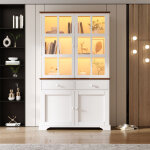 Vitrine haute vitr�e 120x36. 5x200 cm avec led, buffet haut 2 tiroirs 4 portes, meuble multifonction ...