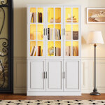 Vitrine haute vitr�e 121, 5x41x200cm avec led, armoire haut 6 portes, meuble multifonction cloison ajustable ...