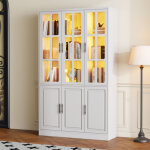 Vitrine avec led, 6 portes dont 3 portes en verre, blanc, 121, 5x40x200 cm