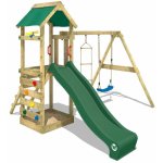 Wickey - aire de jeux portique bois freeflyer avec balanoire et toboggan vert maison enfant exterieur ...
