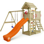 Wickey - aire de jeux portique bois multiflyer toit en bois avec balanoire et toboggan maison enfant ...