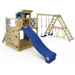 Aire de jeux portique bois smart lodge 120 avec escaliers, balanoire et toboggan maison enfant exterieur ...