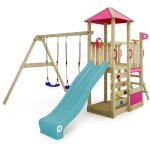 Wickey - aire de jeux portique bois smart savana avec balanoire et toboggan maison enfant exterieur ...
